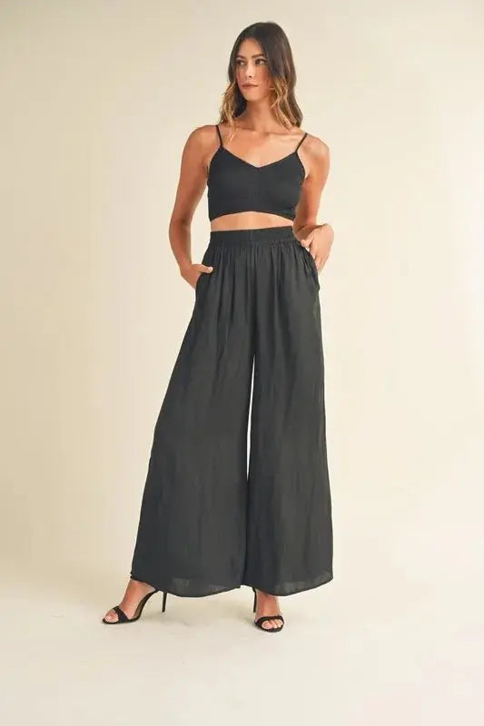 MABLE Smocked Bralette Crop Top and Wide Leg Pants Set - Love Salve